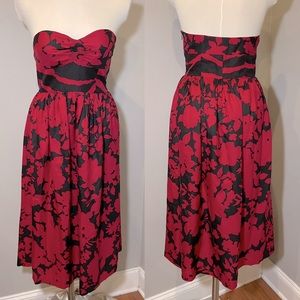 TIBI Silk / Wool Strapless Floral Midi Dress RED/BLACK Size 6